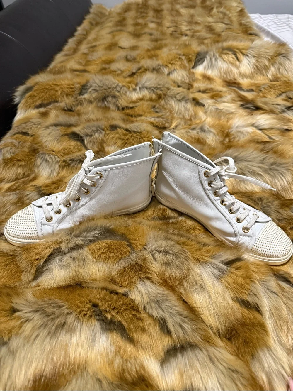 Louis Vuitton White High-Top Sneakers with Gold Stud Logo